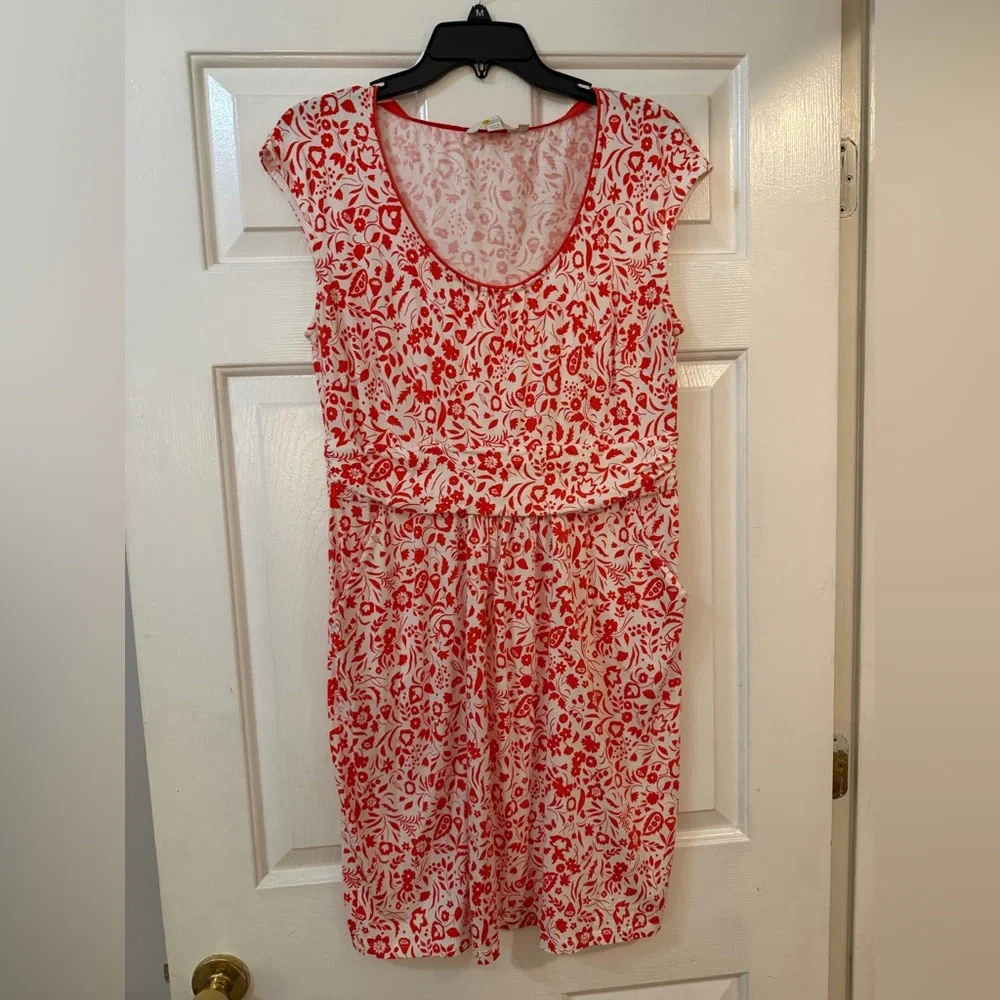 Boden Margot Jersey Dress Red & White US Sz 16 R Modal Cotton Pockets Cap Sleeve - Picture 2 of 4